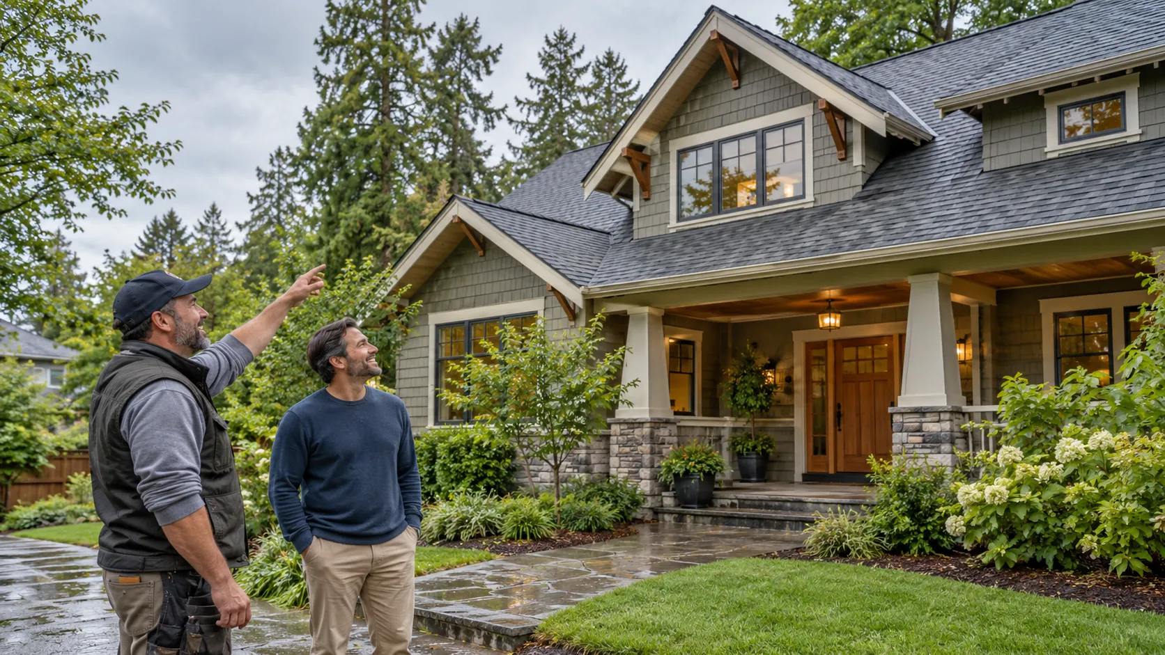 A friendly roofing provider and a homeowner talking beside a house in Seattle